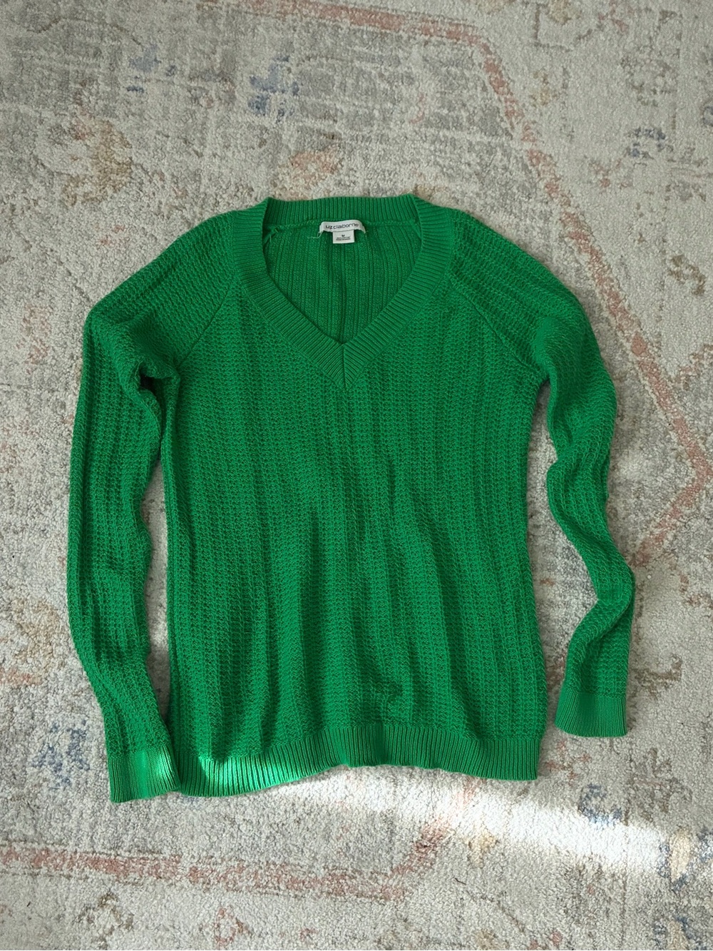 Liz Claiborne 100% Cotton Kelly Green V-Neck Sweater M